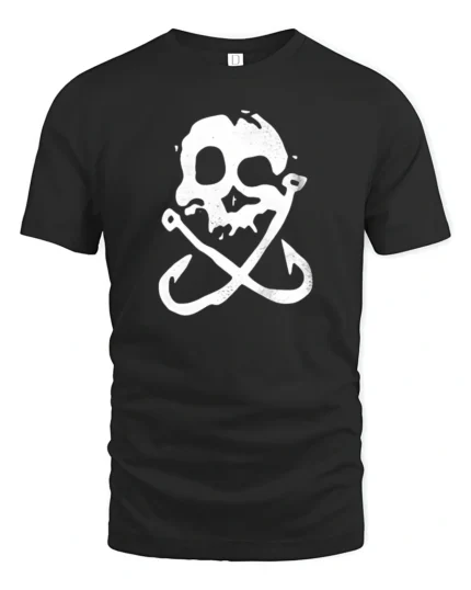 Skull Fishing Hooks Pirate Style Funny Graphic Tee - black t-shirt on white background