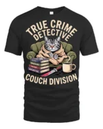 True Crime Detective Couch Division Funny Cat Graphic Tee - black t-shirt on white background