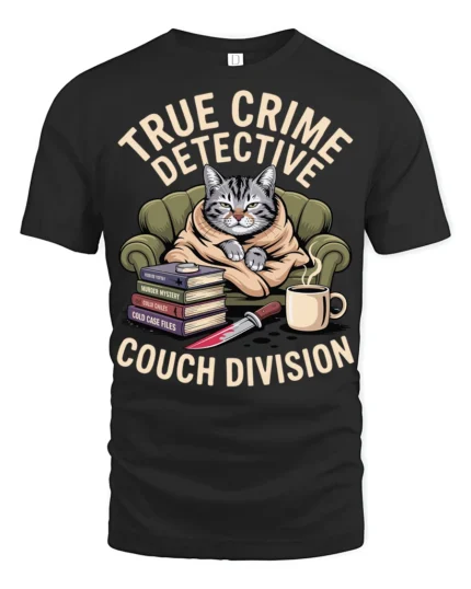 True Crime Detective Couch Division Funny Cat Graphic Tee - black t-shirt on white background