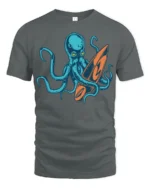 Cool Octopus Surfboard Beach Wave Graphic Tee Design - gray t-shirt on white background