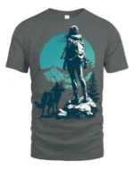 Lone Hiker With Wolf Mountain Adventure Nature Graphic Tee - gray t-shirt on white background