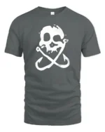 Skull Fishing Hooks Pirate Style Funny Graphic Tee - gray t-shirt on white background