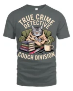 True Crime Detective Couch Division Funny Cat Graphic Tee - gray t-shirt on white background