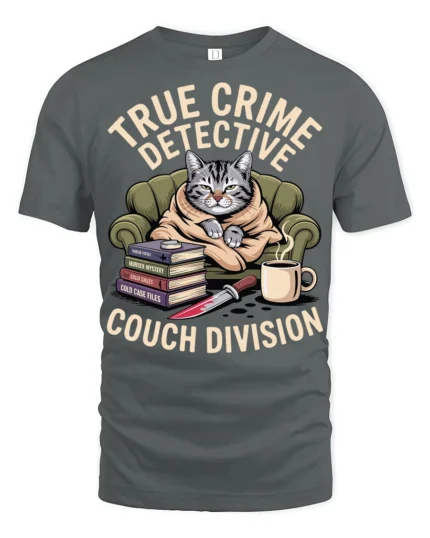 True Crime Detective Couch Division Funny Cat Graphic Tee - gray t-shirt on white background