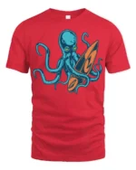 Cool Octopus Surfboard Beach Wave Graphic Tee Design - red t-shirt on white background