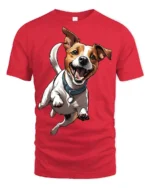 Happy Jumping Dog Cute Pet Lover Fun Graphic Tee - red t-shirt on white background