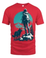 Lone Hiker With Wolf Mountain Adventure Nature Graphic Tee - red t-shirt on white background