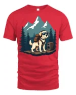 Adventure Dog Hiking Backpack Mountain Explorer Graphic Tee - red t-shirt on white background