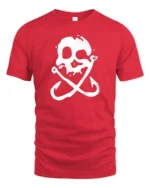 Skull Fishing Hooks Pirate Style Funny Graphic Tee - red t-shirt on white background