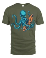 Cool Octopus Surfboard Beach Wave Graphic Tee Design - military green t-shirt on white background