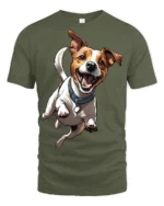Happy Jumping Dog Cute Pet Lover Fun Graphic Tee - military green t-shirt on white background