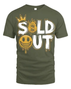 Sold Out Funny Money Flame Street Style Graphic T Shirt - military green t-shirt on white background