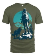 Lone Hiker With Wolf Mountain Adventure Nature Graphic Tee - military green t-shirt on white background