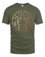 Peace Sign Mountain Nature Minimalist Outdoor Graphic Tee - military green t-shirt on white background