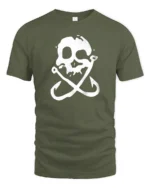 Skull Fishing Hooks Pirate Style Funny Graphic Tee - military green t-shirt on white background