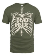 Dead Inside Skeleton Ribcage Funny Dark Humor Graphic Tee - military green t-shirt on white background