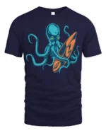 Cool Octopus Surfboard Beach Wave Graphic Tee Design - navy t-shirt on white background