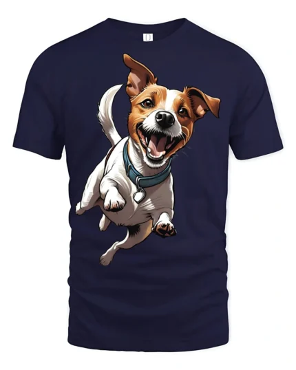 Happy Jumping Dog Cute Pet Lover Fun Graphic Tee - navy t-shirt on white background