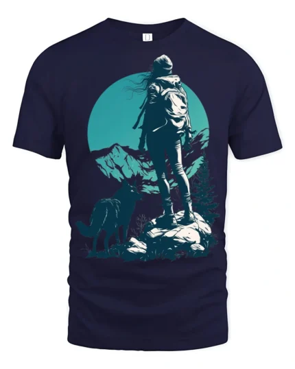 Lone Hiker With Wolf Mountain Adventure Nature Graphic Tee - navy t-shirt on white background