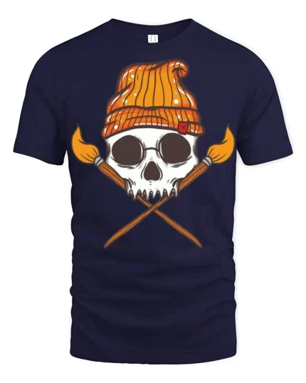 Artistic Skull With Paint Brushes Creative Graphic T Shirt - navy t-shirt on white background