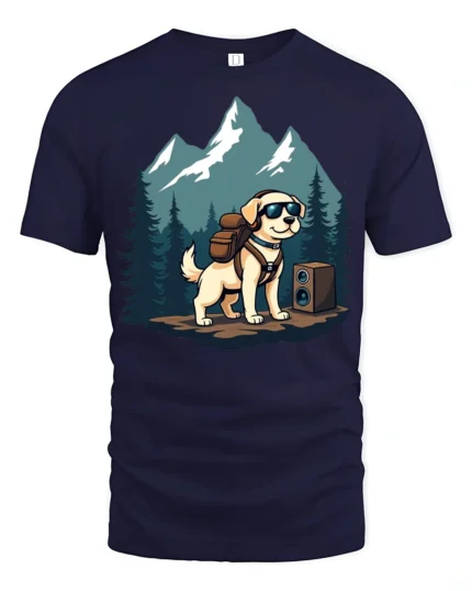Adventure Dog Hiking Backpack Mountain Explorer Graphic Tee - navy t-shirt on white background