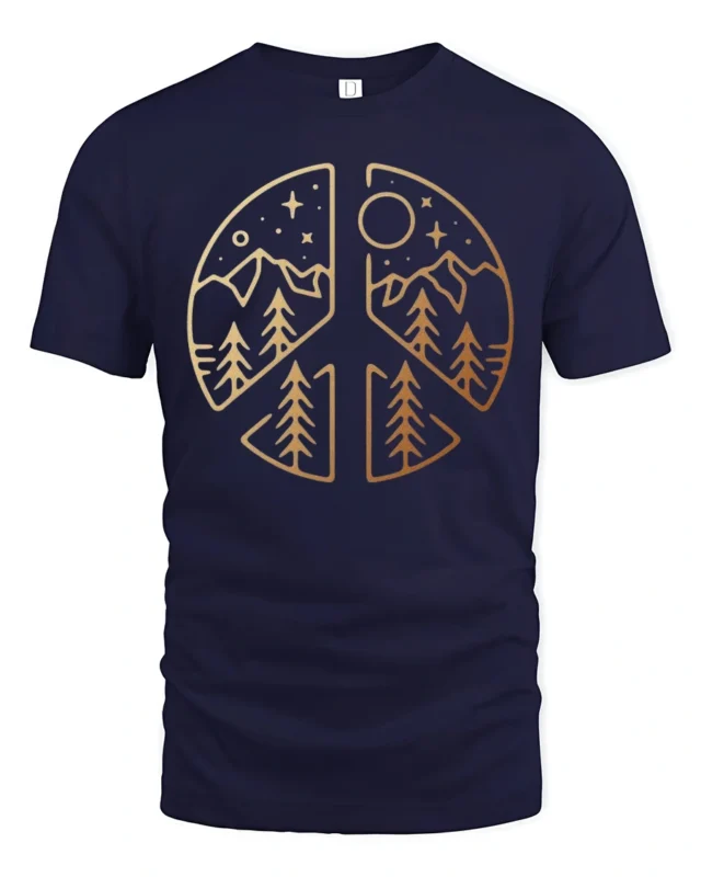 Peace Sign Mountain Nature Minimalist Outdoor Graphic Tee - navy t-shirt on white background