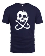 Skull Fishing Hooks Pirate Style Funny Graphic Tee - navy t-shirt on white background