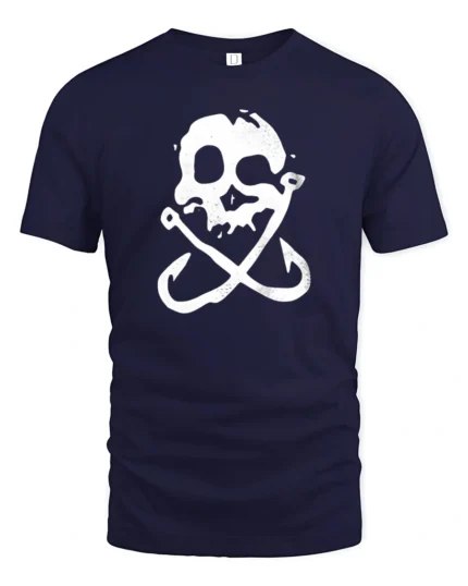 Skull Fishing Hooks Pirate Style Funny Graphic Tee - navy t-shirt on white background
