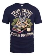 True Crime Detective Couch Division Funny Cat Graphic Tee - navy t-shirt on white background