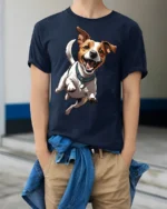 Happy Jumping Dog Cute Pet Lover Fun Graphic Tee - model wearing navy tee with hands in pockets