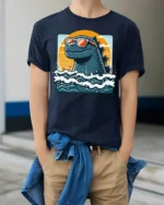 Funny Sea Monster With Sunglasses Ocean Graphic T Shirt - model wearing navy tee with hands in pockets