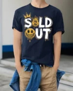 Sold Out Funny Money Flame Street Style Graphic T Shirt - model wearing navy tee with hands in pockets