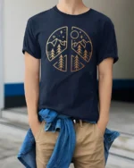 Peace Sign Mountain Nature Minimalist Outdoor Graphic Tee - model wearing navy tee with hands in pockets