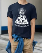 In Pizza We Crust Funny Illuminati Pizza Graphic Tee - model wearing navy tee with hands in pockets