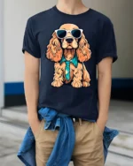 Stylish Dog Wearing Tie And Shades Cute Graphic T Shirt - model wearing navy tee with hands in pockets