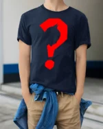 Batman Style Silhouette Question Mark Graphic T Shirt - model wearing navy tee with hands in pockets