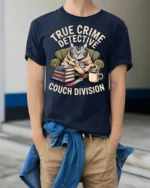 True Crime Detective Couch Division Funny Cat Graphic Tee - model wearing navy tee with hands in pockets