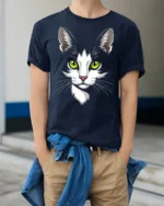 Adorable Cat Face Green Eyes Cute Pet Graphic T Shirt - model wearing navy tee with hands in pockets