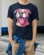 Happy Smiling Dog Face Cute Pet Lover Graphic Tee - model wearing navy tee with hands in pockets