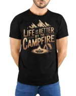 Life Is Better By The Campfire Camping Adventure Tee - model wearing black tee with hands behind back