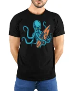 Cool Octopus Surfboard Beach Wave Graphic Tee Design - model wearing black tee with hands behind back
