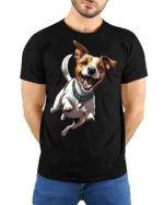 Happy Jumping Dog Cute Pet Lover Fun Graphic Tee - model wearing black tee with hands behind back