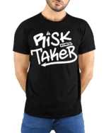 Risk Taker Bold Street Style Motivational Graphic Tee - model wearing black tee with hands behind back