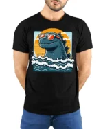 Funny Sea Monster With Sunglasses Ocean Graphic T Shirt - model wearing black tee with hands behind back