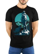 Lone Hiker With Wolf Mountain Adventure Nature Graphic Tee - model wearing black tee with hands behind back