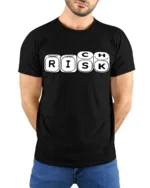 Risk Dice Game Funny Wordplay Chance Humor Graphic Tee - model wearing black tee with hands behind back