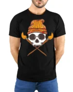 Artistic Skull With Paint Brushes Creative Graphic T Shirt - model wearing black tee with hands behind back