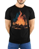 Burning Campfire Wilderness Vibes Camping Graphic T Shirt - model wearing black tee with hands behind back