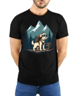 Adventure Dog Hiking Backpack Mountain Explorer Graphic Tee - model wearing black tee with hands behind back
