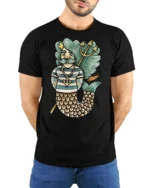 Retro Merking Ocean King Trident Humor Graphic T Shirt - model wearing black tee with hands behind back